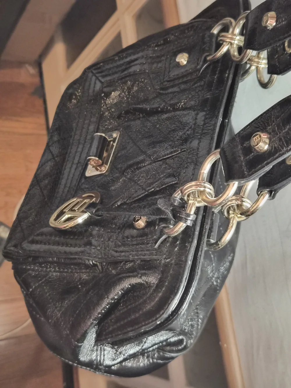Elliott Lucca Black Patent Leather Satchel Shoulder Bag Gold Hardware EUC